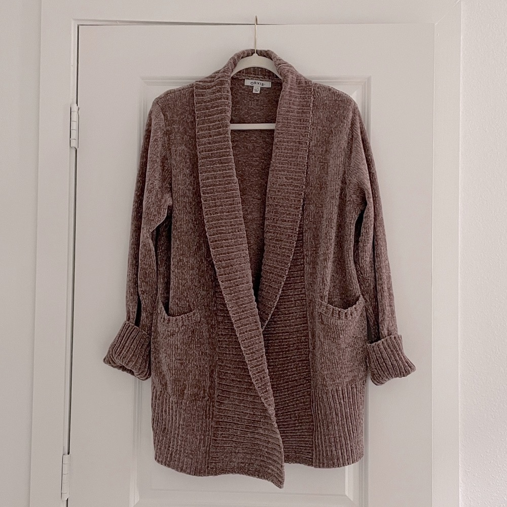 Orvis Longline Cardigan Soft Plush Open Front Sweater Brown Eclectic Grandpa